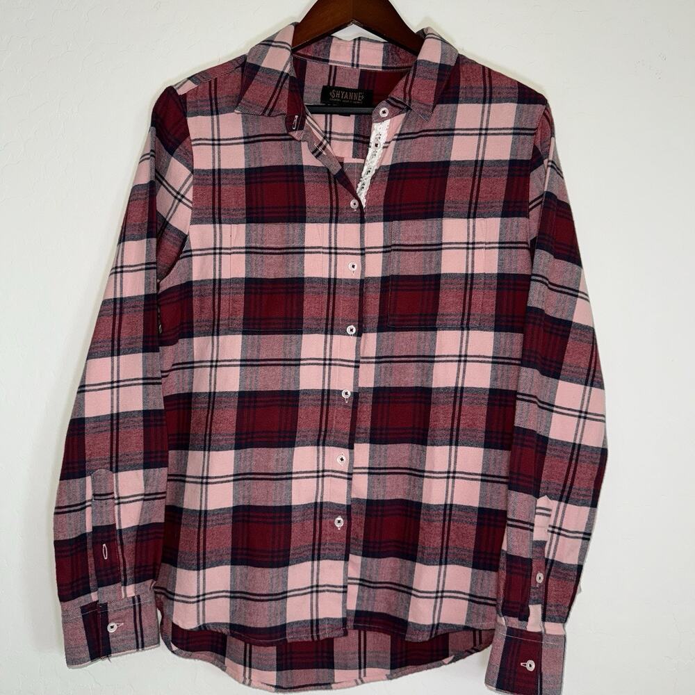 Shyanne Women’s Flannel Plaid Pink Medium Soft Lightweight Lace Trim Long Sleeve